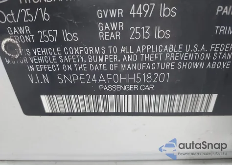 2017 Hyundai Sonata из США, поврежденный, VIN 5NPE24AF0HH518201